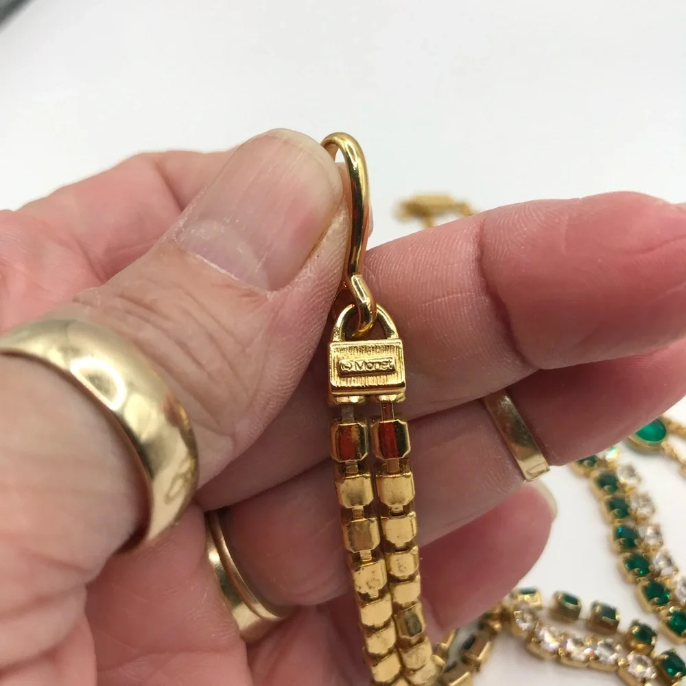 Vintage Monet Green & Clear Rhinestone Necklace +1 - Picture 5 of 7